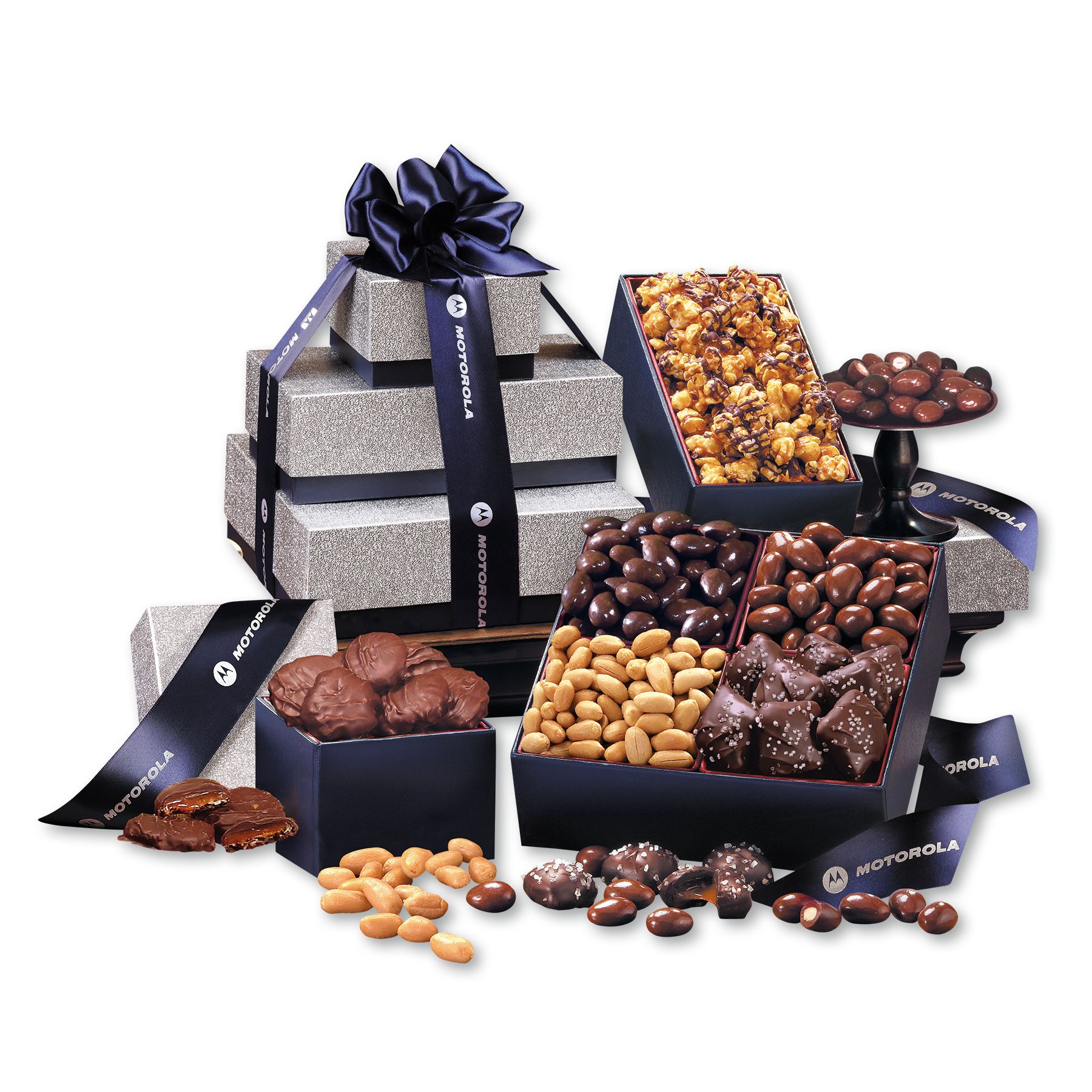 Sumptuous Chocolate, Carmels & Nuts Tower Gift Set - 7.375" L x 7.375" W x 6.75" H